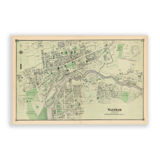 Wwaltham Village, Massachusetts Antique Map Reproduction