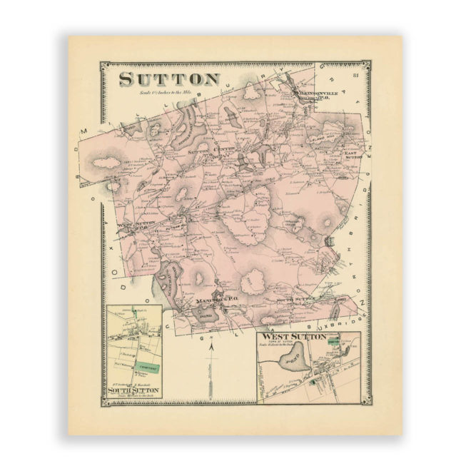 Sutton, Massachusetts Antique Map Reproduction