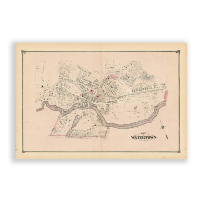 Watertown Village, Massachusetts Antique Map Reproduction