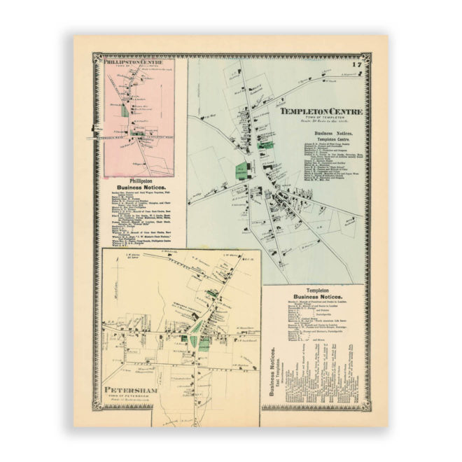 Templeton Center, Phillipston Center & Petersham Village, Massachusetts Antique Map Reproduction