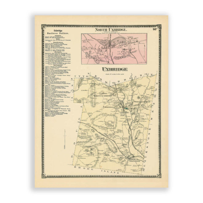 Uxbridge, Massachusetts Antique Map Reproduction