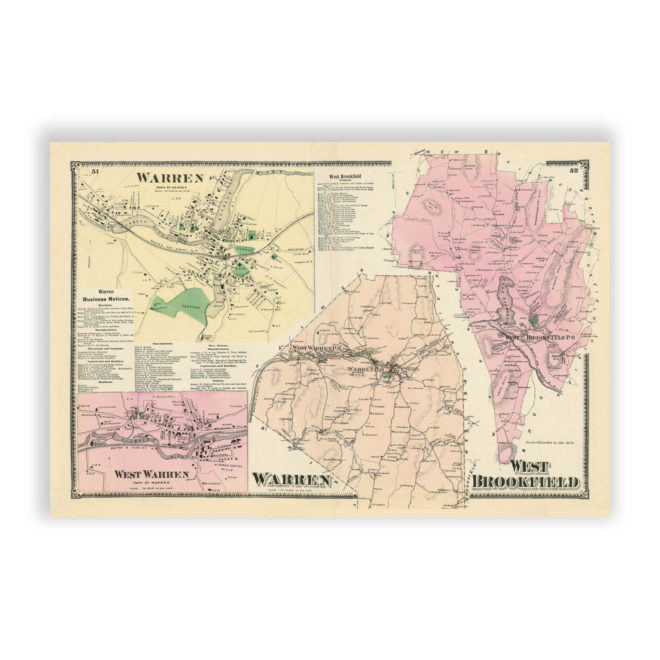 Warren & West Brookfield, Massachusetts Antique Map Reproduction