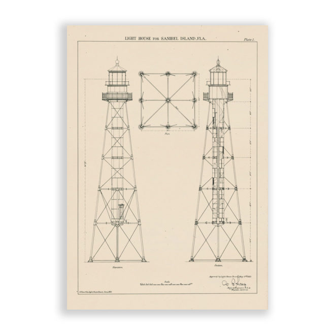 Sanibel Island Lighthouse, Florida  Antique Architectural Plan Reproduction