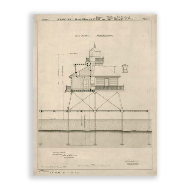 Thomas Point Shoal Lighthouse, Annapolis, Maryland Antique Architectural Plan Reproduction