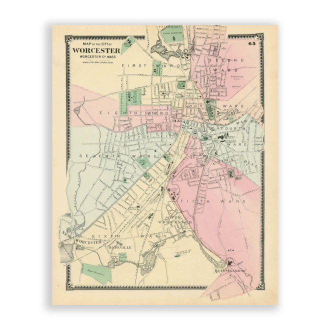 Worcester Center, Massachusetts Antique Map Reproduction