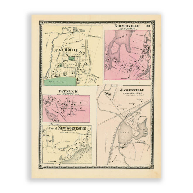 Worcester Villages, Massachusetts Antique Map Reproduction