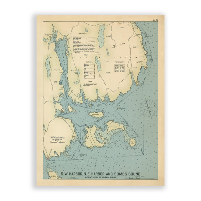 South West and North East Harbors, Maine Antique Nautical Chart Reproductional