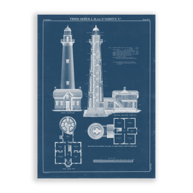 St Simons Lighthouse, Georgia Antique Architectural Plan Reproduction