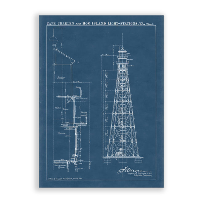 Cape Charles Lighthouse, Virginia Antique Architectural Plan Blueprint Reproduction