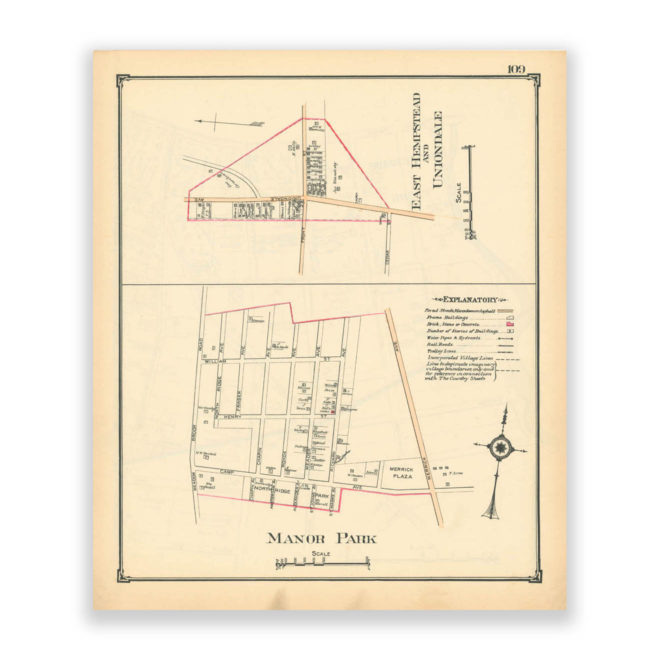 East Hempstead & Uniondale - Manor Park, Nassau County Long Island, Antique Map Reproduction - Plate 109